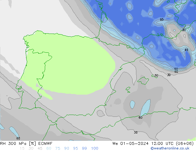 RH 300 гПа ECMWF ср 01.05.2024 12 UTC