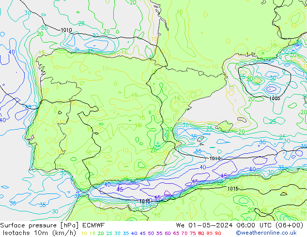 Izotacha (km/godz) ECMWF śro. 01.05.2024 06 UTC
