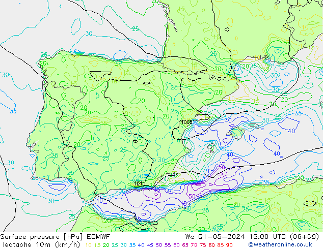 Isotachs (kph) ECMWF  01.05.2024 15 UTC