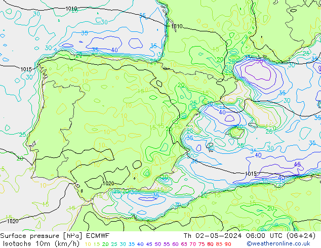 Isotachen (km/h) ECMWF do 02.05.2024 06 UTC