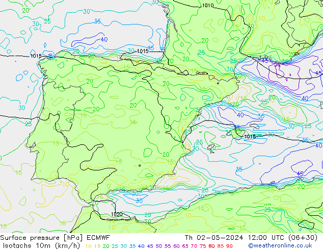 Isotachs (kph) ECMWF чт 02.05.2024 12 UTC