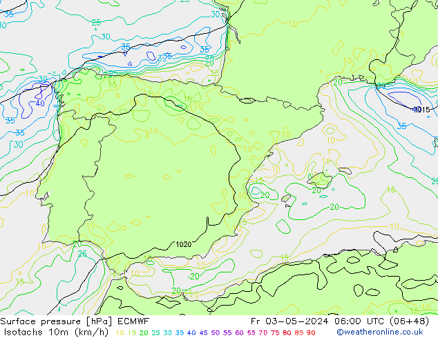 Izotacha (km/godz) ECMWF pt. 03.05.2024 06 UTC