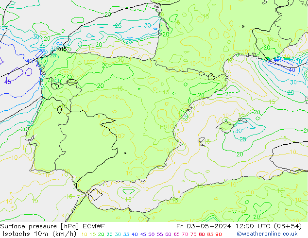 Isotachs (kph) ECMWF Pá 03.05.2024 12 UTC