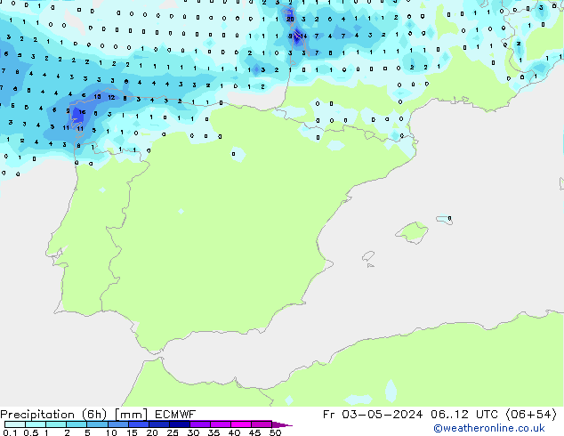 Precipitation (6h) ECMWF Fr 03.05.2024 12 UTC