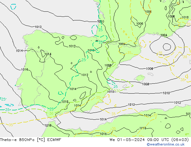 Theta-e 850hPa ECMWF Çar 01.05.2024 09 UTC