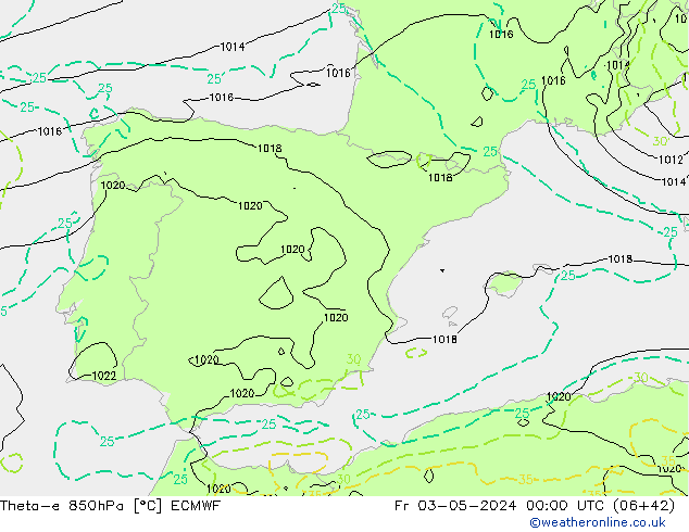 Theta-e 850hPa ECMWF ven 03.05.2024 00 UTC