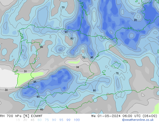 RH 700 hPa ECMWF śro. 01.05.2024 06 UTC