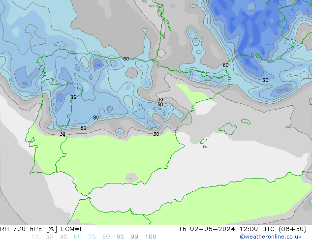 Humidité rel. 700 hPa ECMWF jeu 02.05.2024 12 UTC