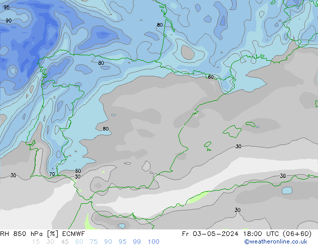 Humidité rel. 850 hPa ECMWF ven 03.05.2024 18 UTC