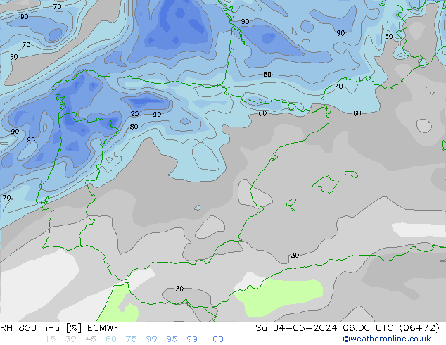 Humedad rel. 850hPa ECMWF sáb 04.05.2024 06 UTC