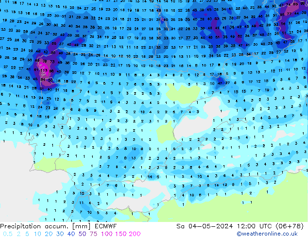 Precipitation accum. ECMWF Sa 04.05.2024 12 UTC