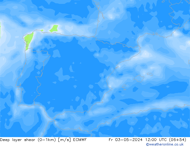 Deep layer shear (0-1km) ECMWF Fr 03.05.2024 12 UTC