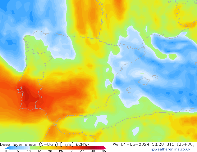 Deep layer shear (0-6km) ECMWF śro. 01.05.2024 06 UTC