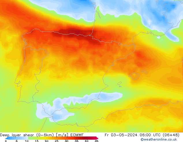 Deep layer shear (0-6km) ECMWF pt. 03.05.2024 06 UTC