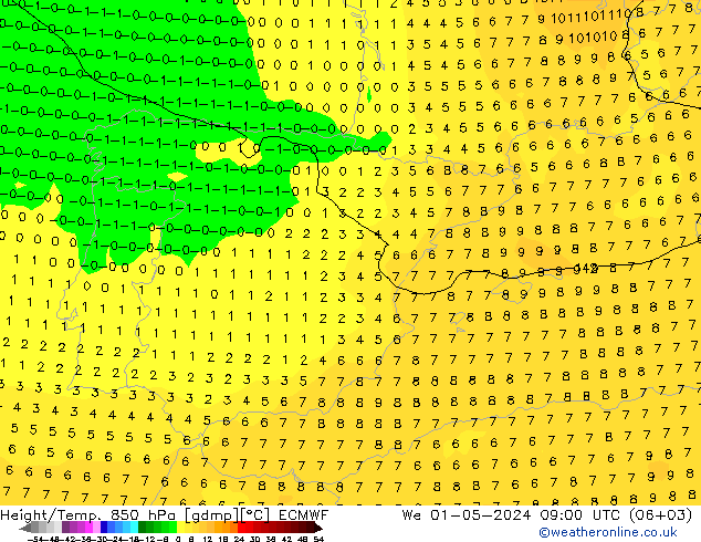 Height/Temp. 850 hPa ECMWF śro. 01.05.2024 09 UTC