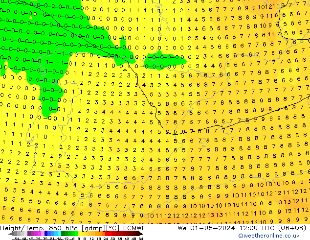 Z500/Rain (+SLP)/Z850 ECMWF Qua 01.05.2024 12 UTC