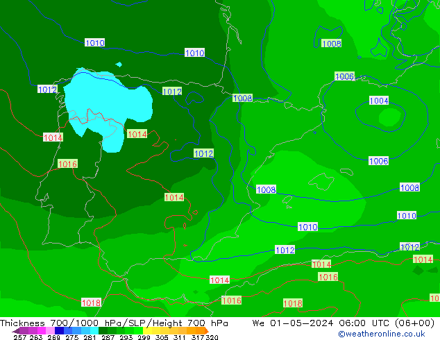 Thck 700-1000 hPa ECMWF śro. 01.05.2024 06 UTC