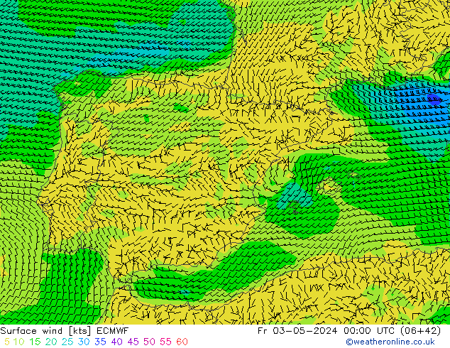 Viento 10 m ECMWF vie 03.05.2024 00 UTC