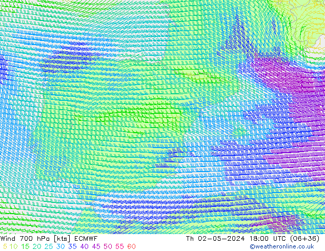 wiatr 700 hPa ECMWF czw. 02.05.2024 18 UTC