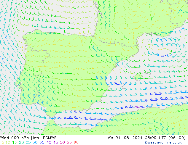 wiatr 900 hPa ECMWF śro. 01.05.2024 06 UTC