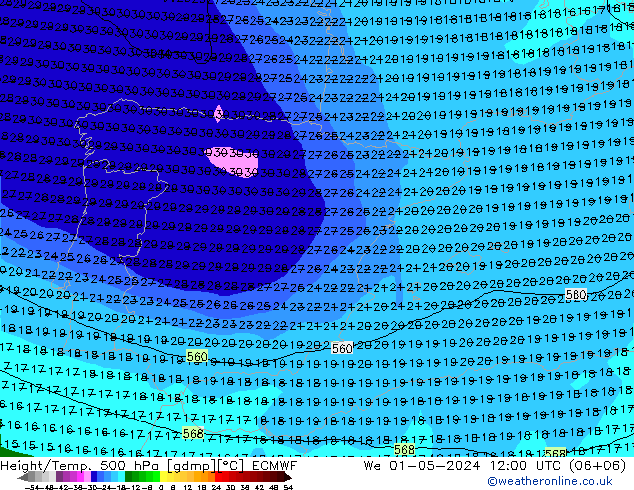 Z500/Rain (+SLP)/Z850 ECMWF Qua 01.05.2024 12 UTC