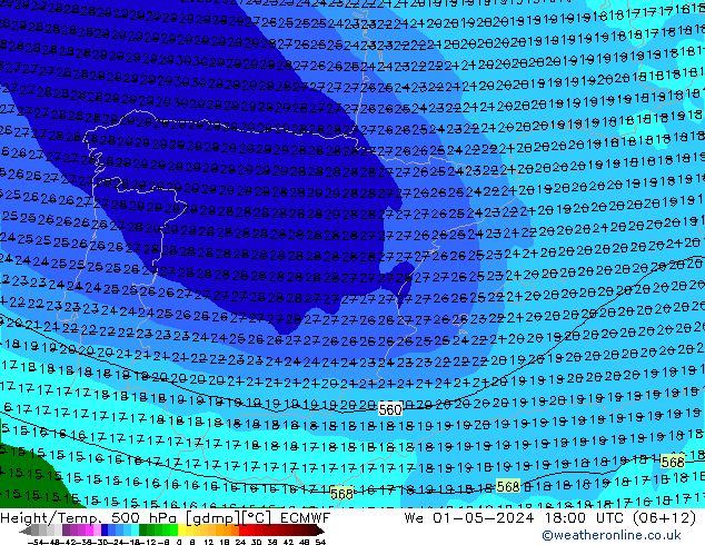 Z500/Yağmur (+YB)/Z850 ECMWF Çar 01.05.2024 18 UTC