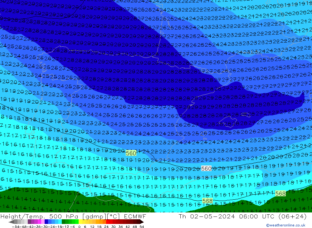 Height/Temp. 500 hPa ECMWF czw. 02.05.2024 06 UTC