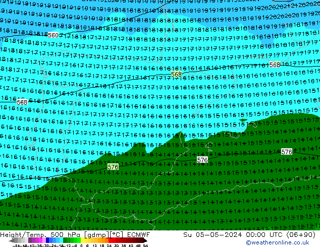 Z500/Rain (+SLP)/Z850 ECMWF nie. 05.05.2024 00 UTC