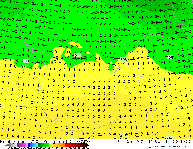 Height/Temp. 700 hPa ECMWF Sa 04.05.2024 12 UTC