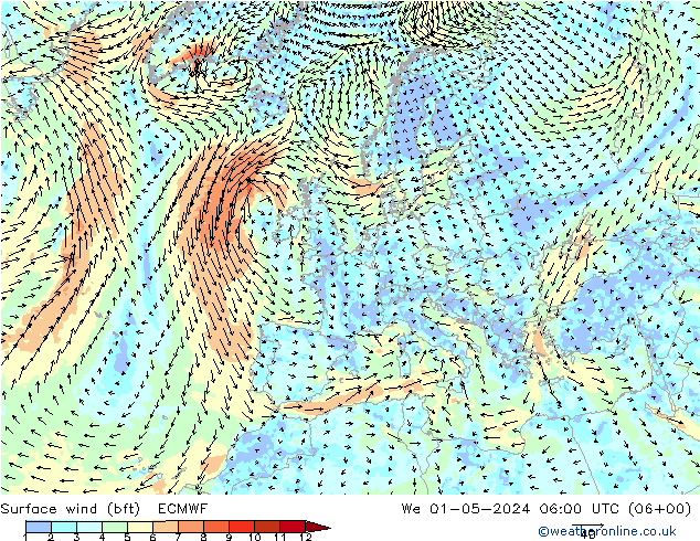  10 m (bft) ECMWF  01.05.2024 06 UTC