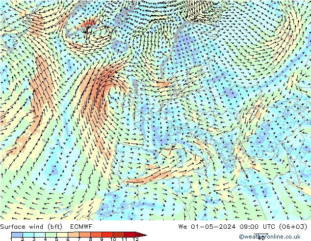 Bodenwind (bft) ECMWF Mi 01.05.2024 09 UTC