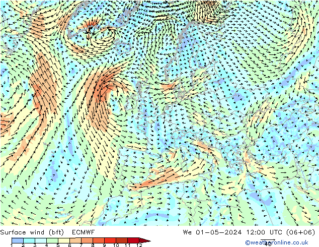 Surface wind (bft) ECMWF We 01.05.2024 12 UTC