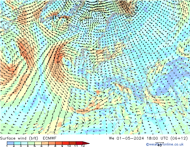 Surface wind (bft) ECMWF We 01.05.2024 18 UTC