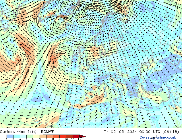 Vento 10 m (bft) ECMWF gio 02.05.2024 00 UTC