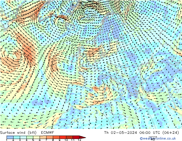 Surface wind (bft) ECMWF Th 02.05.2024 06 UTC