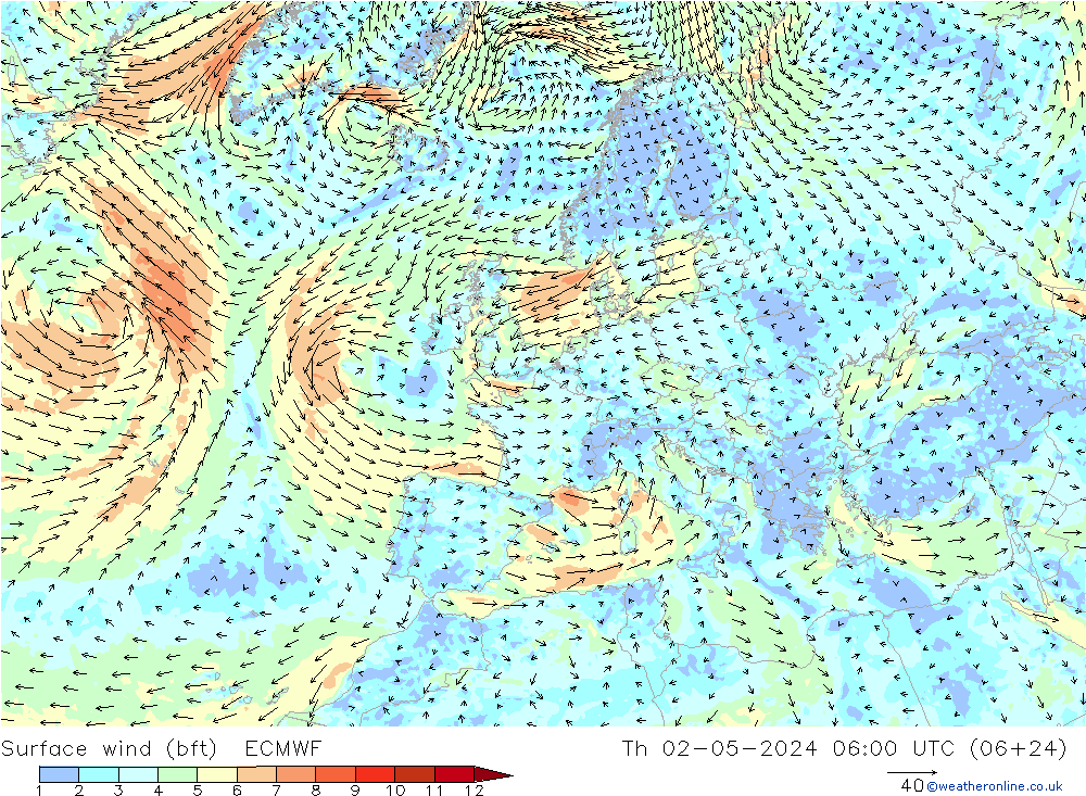 Wind 10 m (bft) ECMWF do 02.05.2024 06 UTC