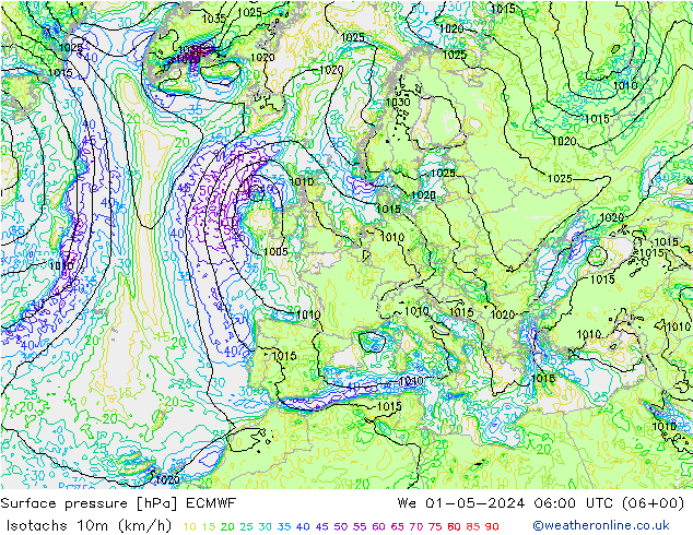 Isotachen (km/h) ECMWF Mi 01.05.2024 06 UTC