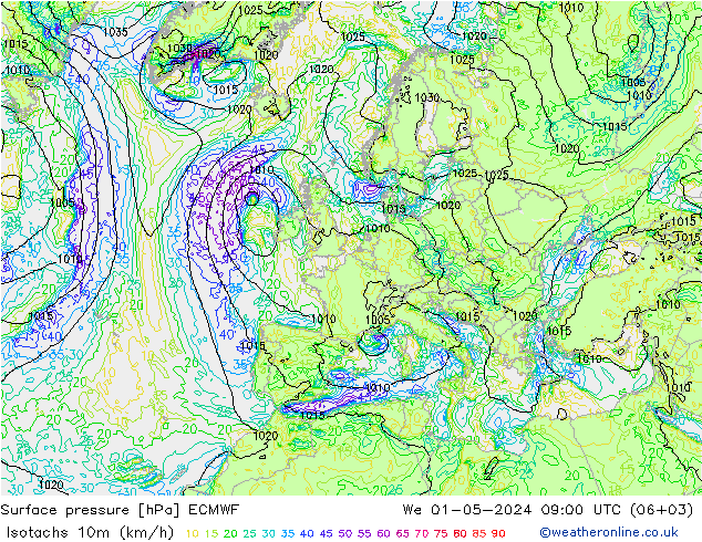 Isotachs (kph) ECMWF We 01.05.2024 09 UTC