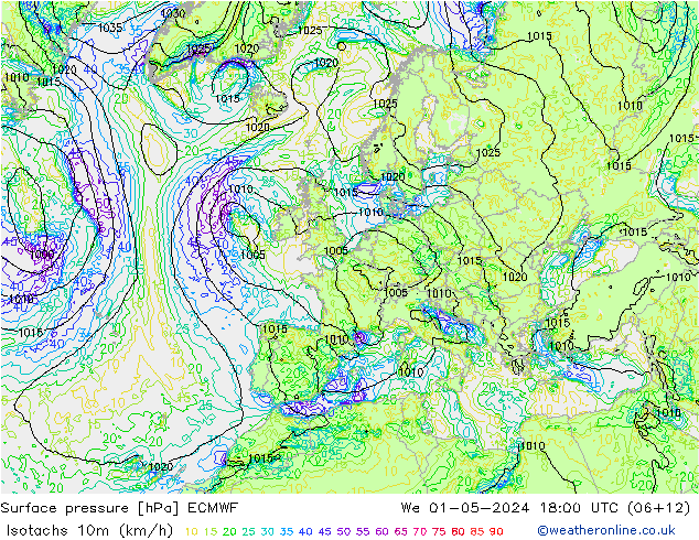 Isotachs (kph) ECMWF mer 01.05.2024 18 UTC