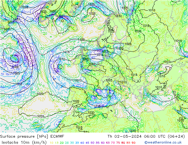 Isotachs (kph) ECMWF Th 02.05.2024 06 UTC