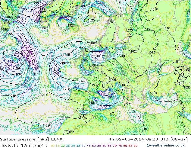 Isotachs (kph) ECMWF Th 02.05.2024 09 UTC