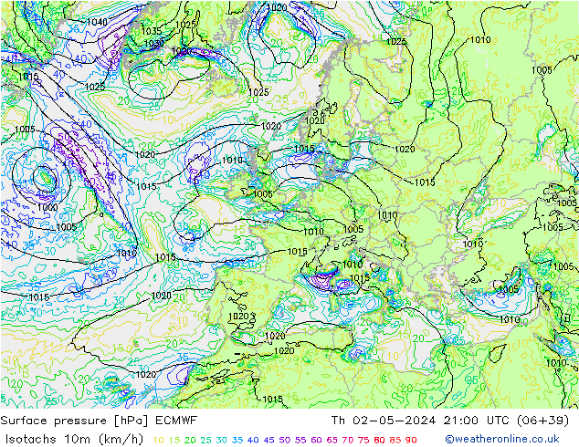 Isotaca (kph) ECMWF jue 02.05.2024 21 UTC