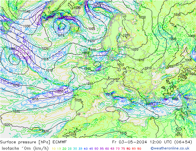 Isotachs (kph) ECMWF Fr 03.05.2024 12 UTC