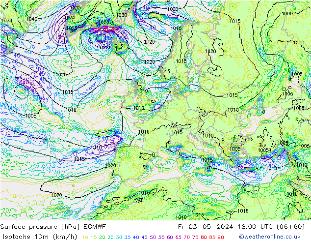 Isotachs (kph) ECMWF Fr 03.05.2024 18 UTC