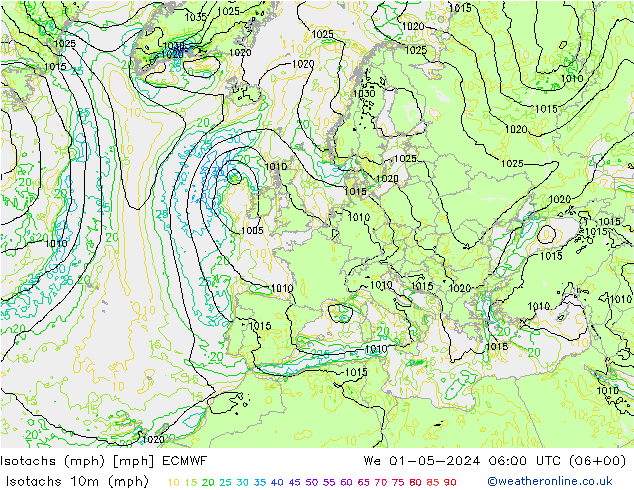 Isotachs (mph) ECMWF  01.05.2024 06 UTC