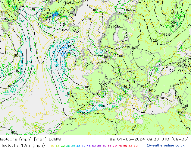 Isotachen (mph) ECMWF Mi 01.05.2024 09 UTC