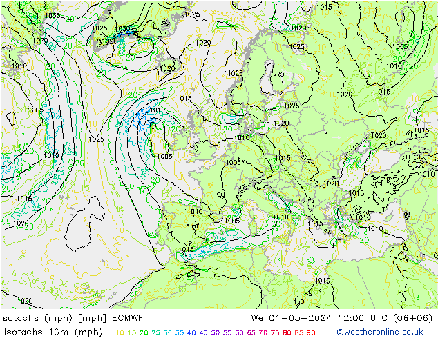 Isotachen (mph) ECMWF Mi 01.05.2024 12 UTC