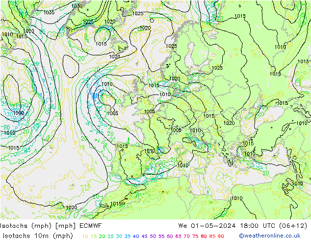 Isotachen (mph) ECMWF Mi 01.05.2024 18 UTC