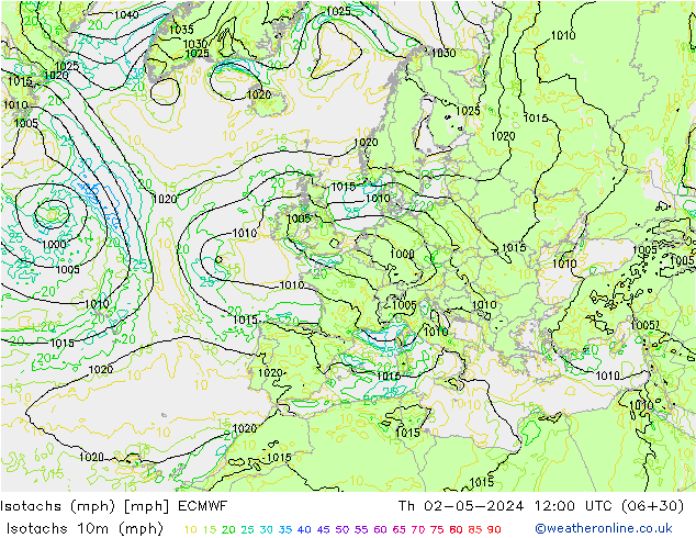 Isotachs (mph) ECMWF Th 02.05.2024 12 UTC