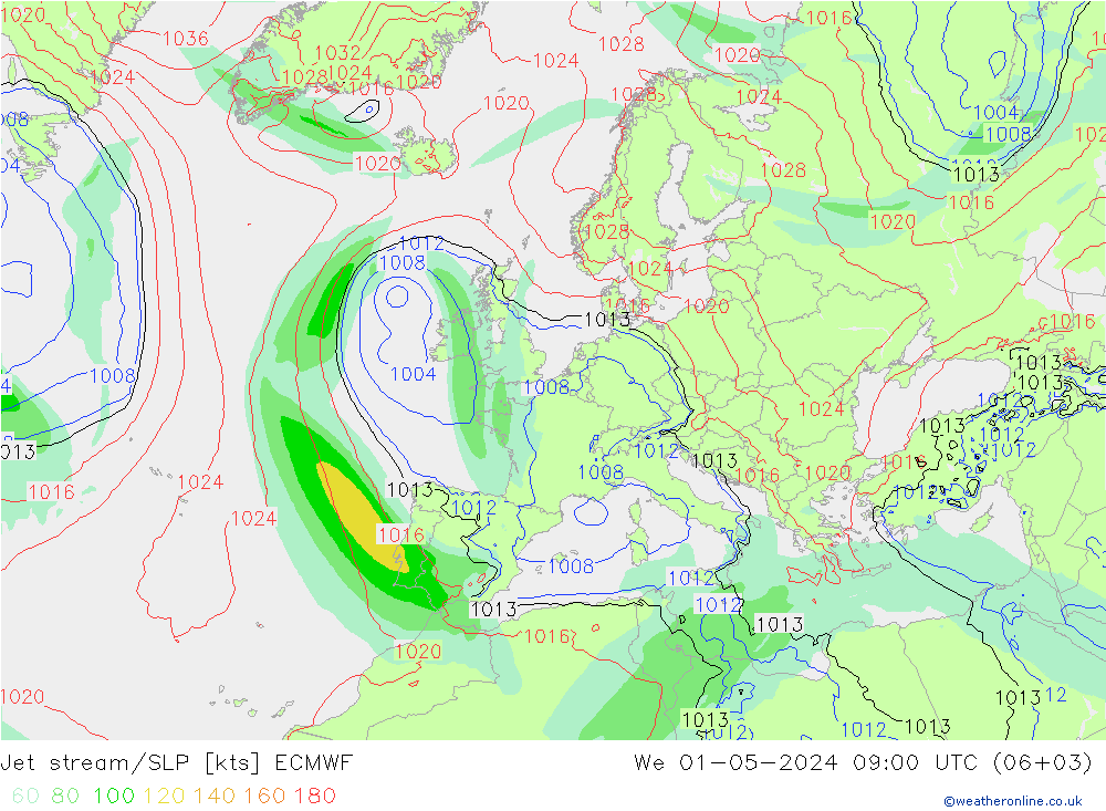 Jet Akımları/SLP ECMWF Çar 01.05.2024 09 UTC